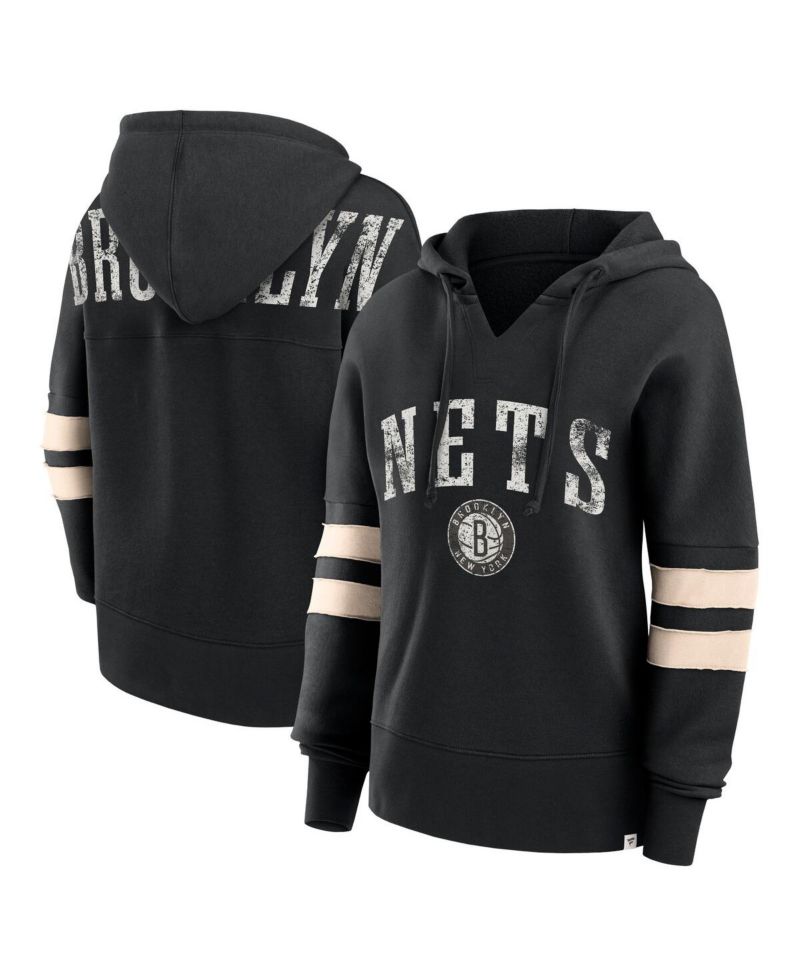 Women's Black Distressed Brooklyn Nets Bold Move Dolman V-Neck Pullover Hoodie