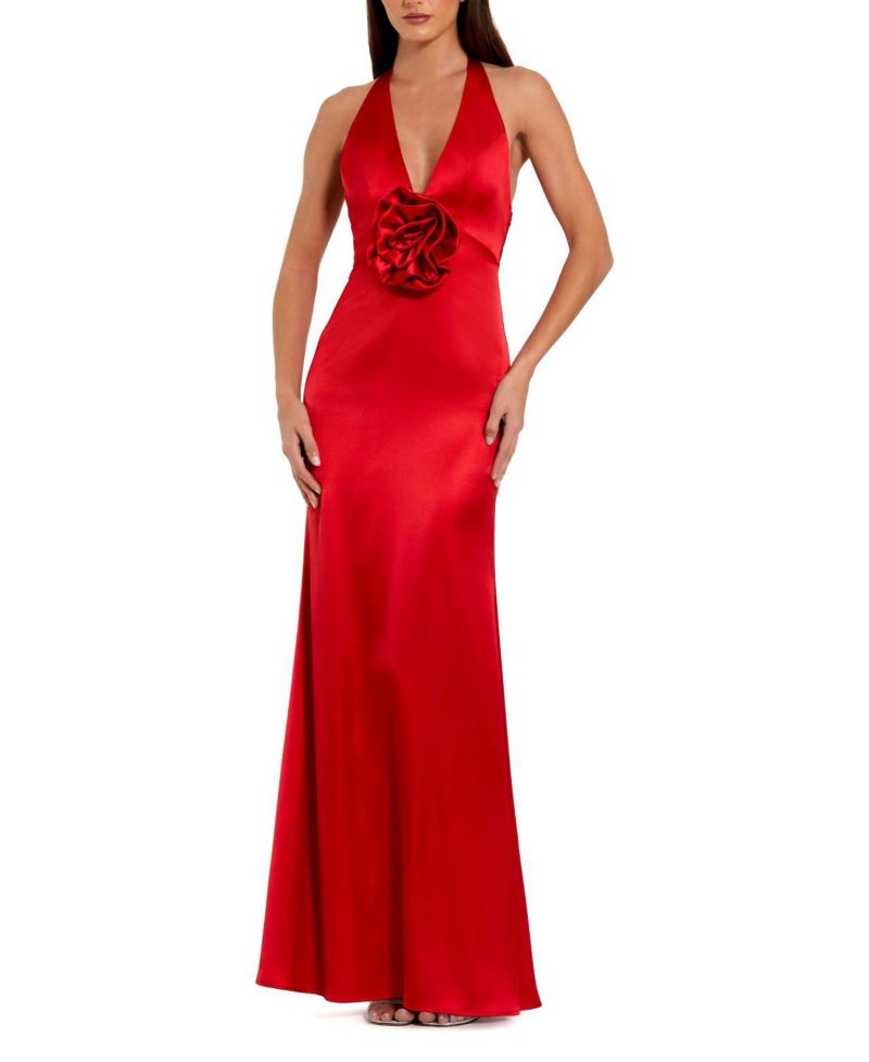Women's Fitted Satin Sleeveless Halter Gown With 3D Flower