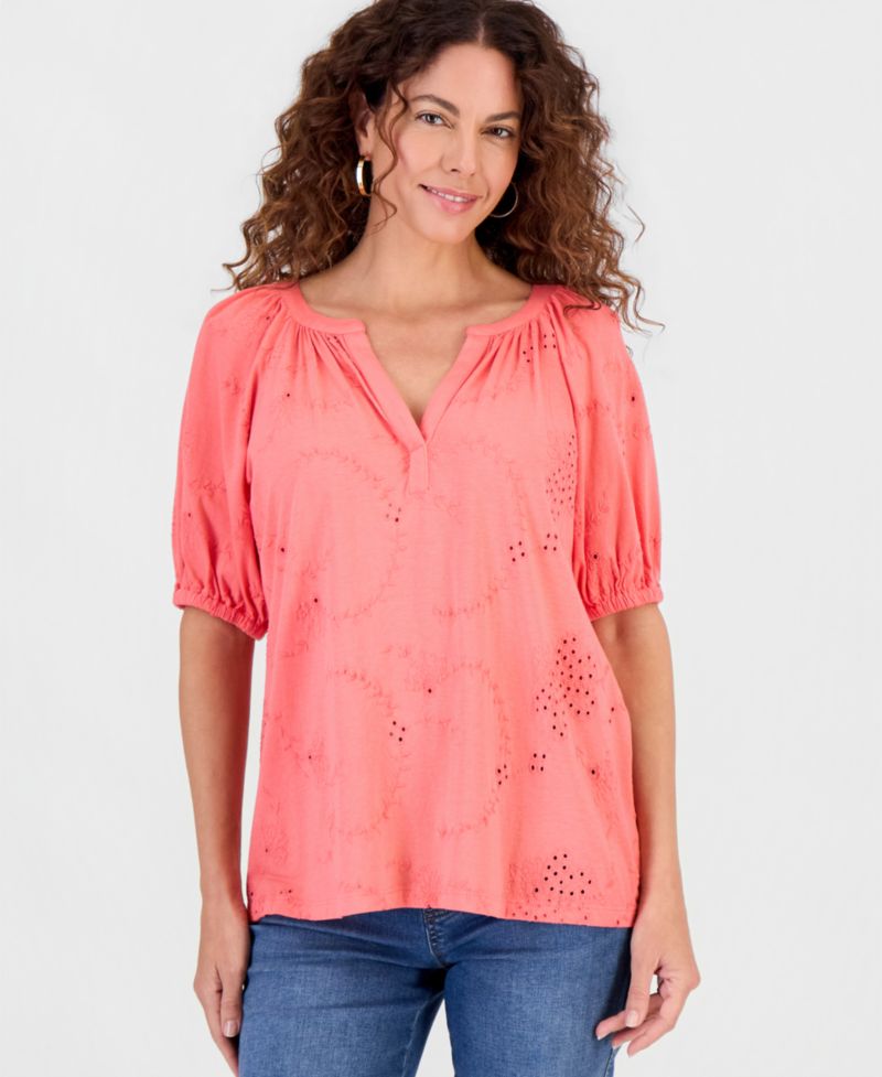 Petite Short Flutter-Sleeve Eyelet Top