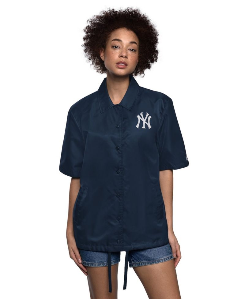 Women's Navy New York Yankees High Post Short Sleeve Full-Snap Coaches Jacket