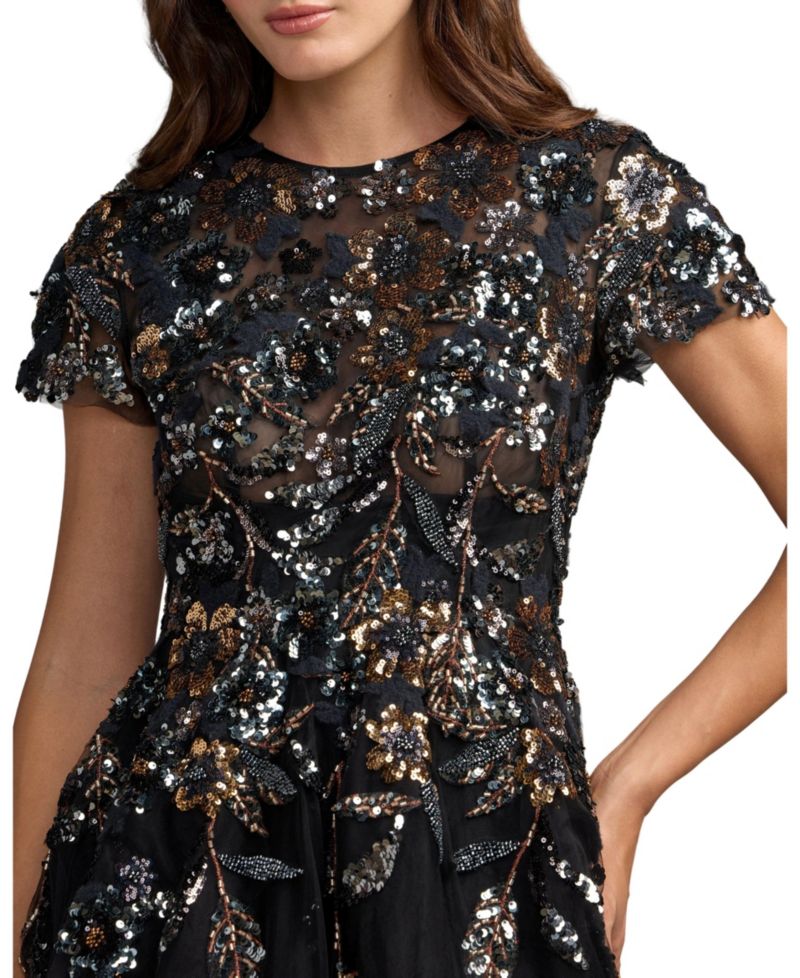 Women's Floral-Embellished Sequin Short-Sleeve Ball Gown