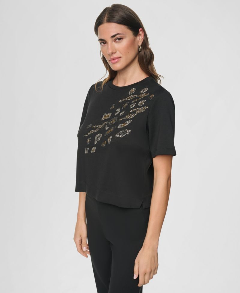 Women's Animal Print Heatset Short-Sleeve Crewneck Cotton Top