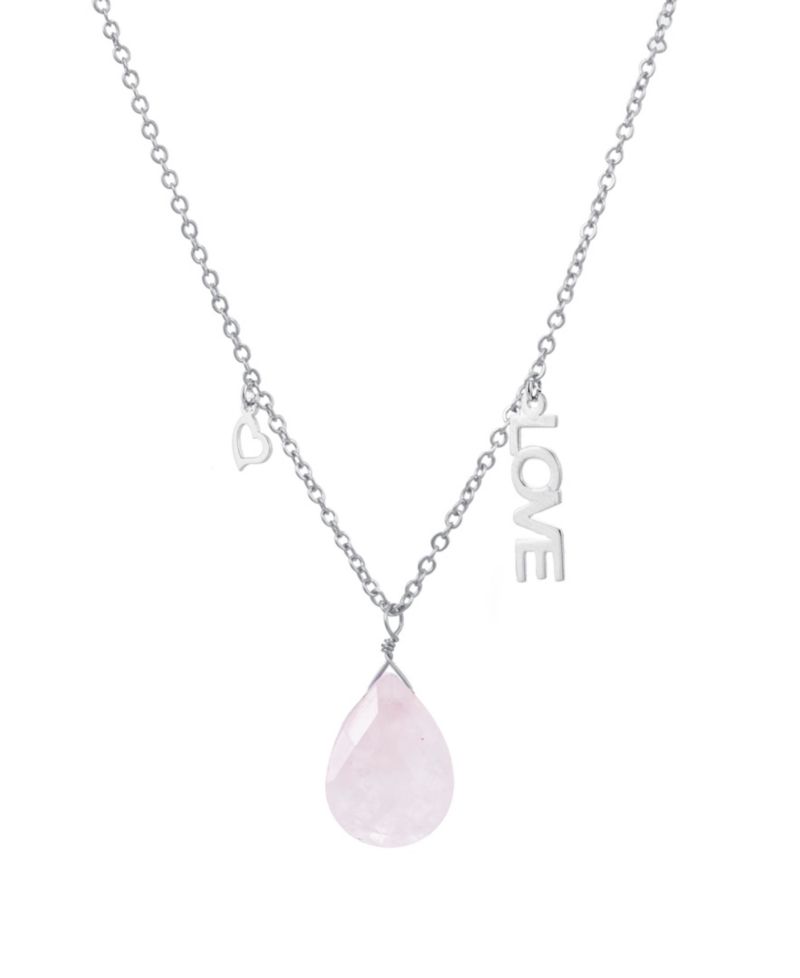 Rose Quartz Pear Shape Bead 16mm Love Charm Necklace in Fine Silver Plated Brass