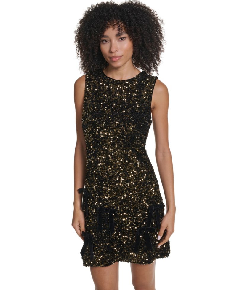 Women's Sequin Velvet Shift With Velvet Bows Knee-Length Dress