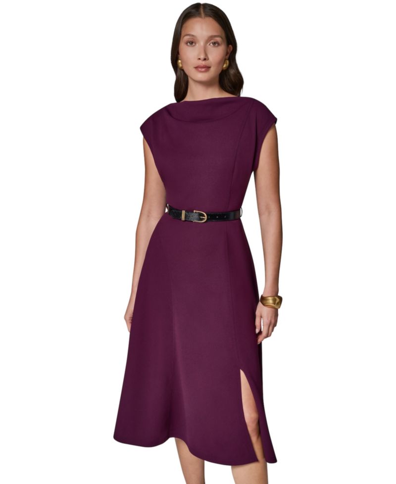 Women's Cap-Sleeve Boat-Neck Belted A-Line Dress