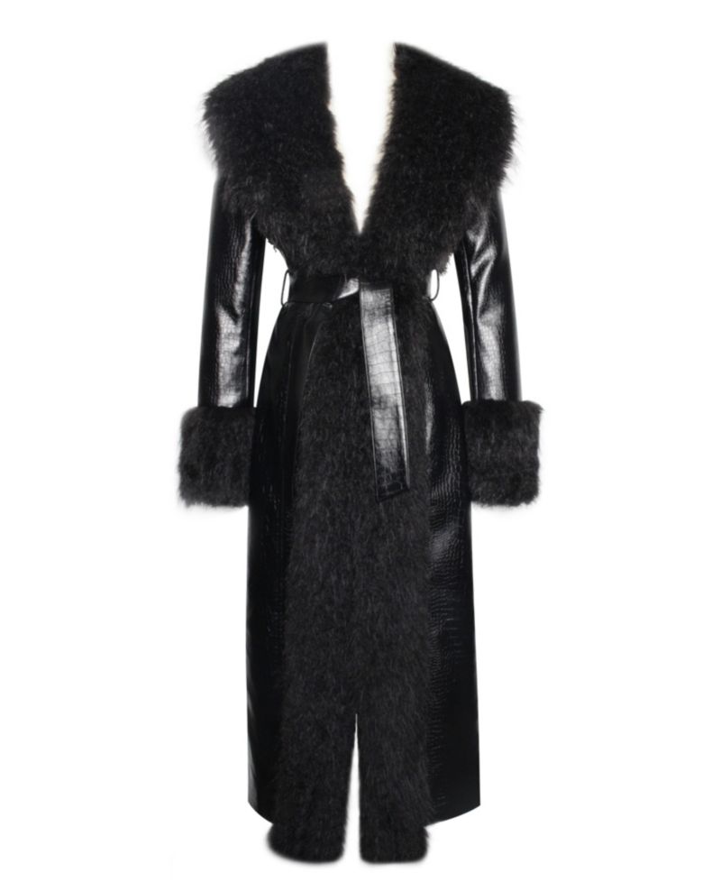 Women's Zella Black Faux Fur Trim Faux Croc Leather Coat