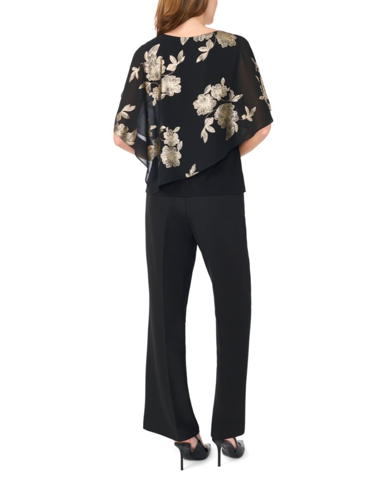 Women's Foil Floral-Print Cold-Shoulder Cape-Sleeve Top