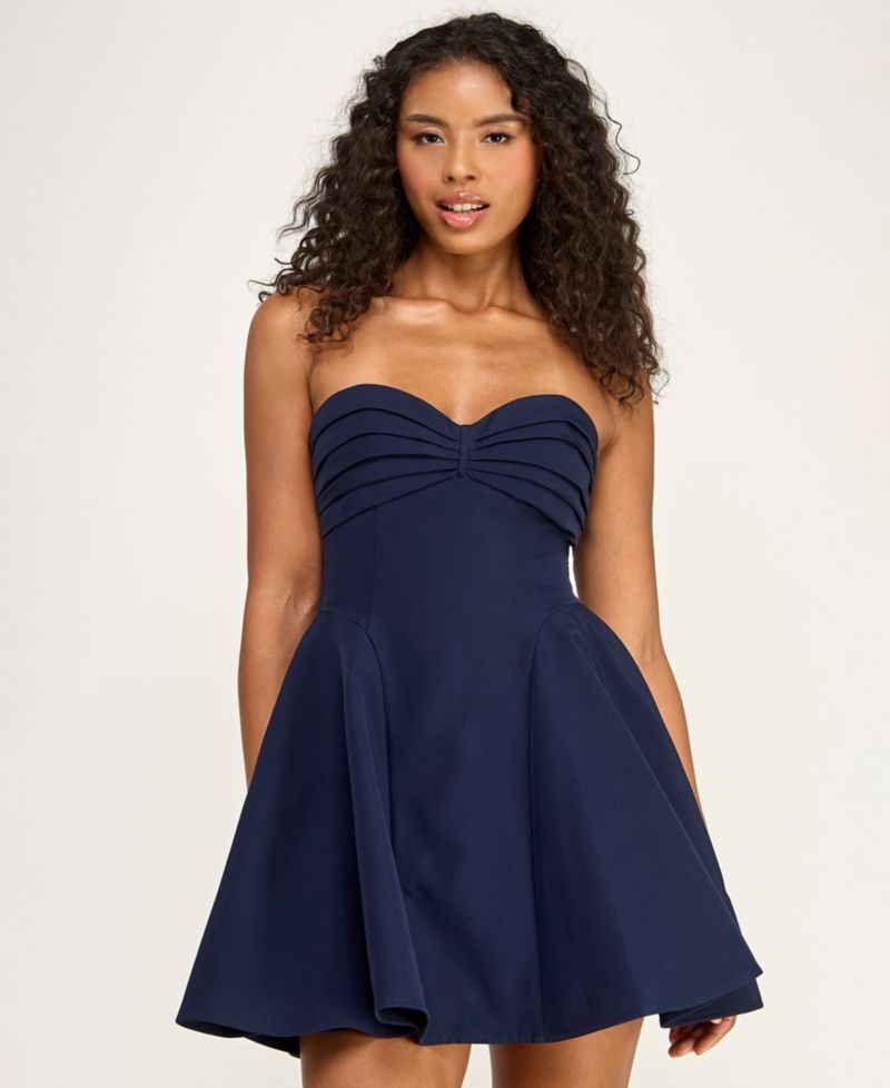 Juniors' Strapless Pleated Fit and Flare Mini Dress