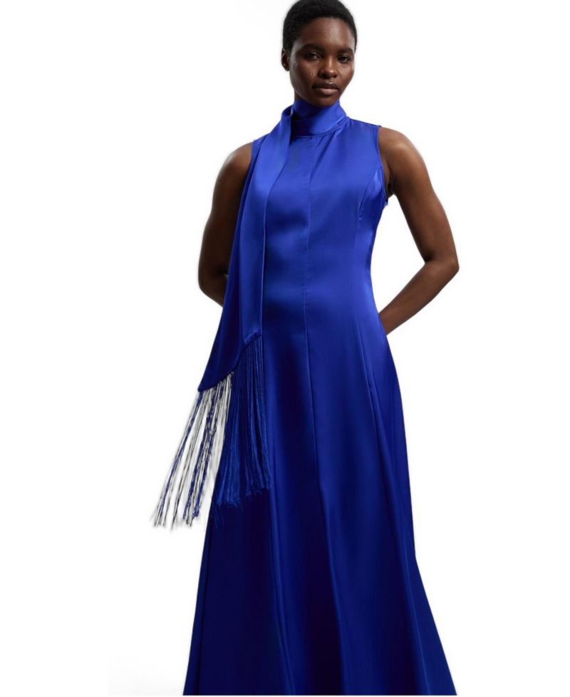 Women's Satin Cowl Neck Scarf Fringe Maxi Dress