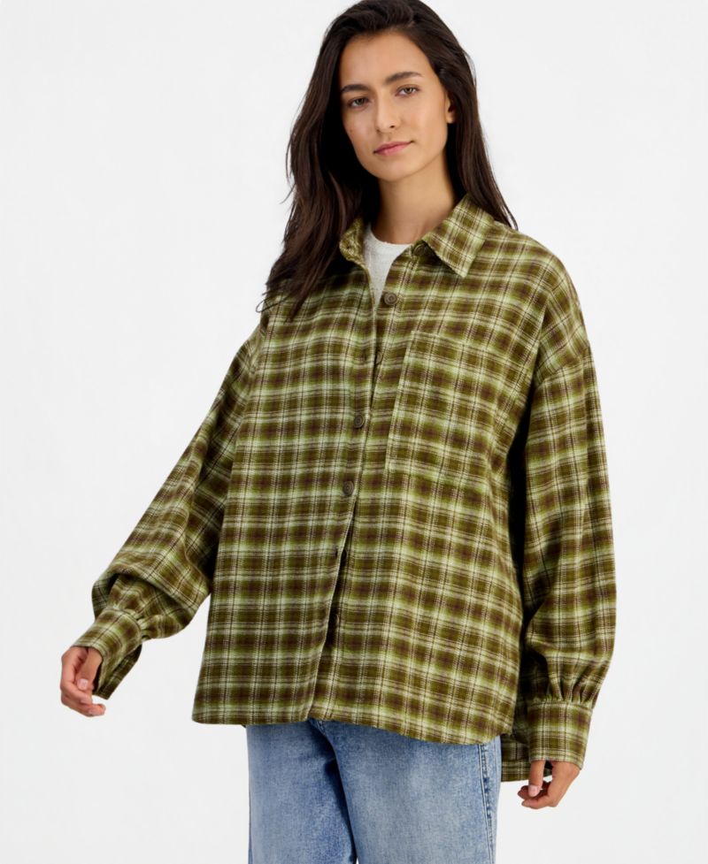 Women's Plaid Oversized Flannel Button-Up Shirt