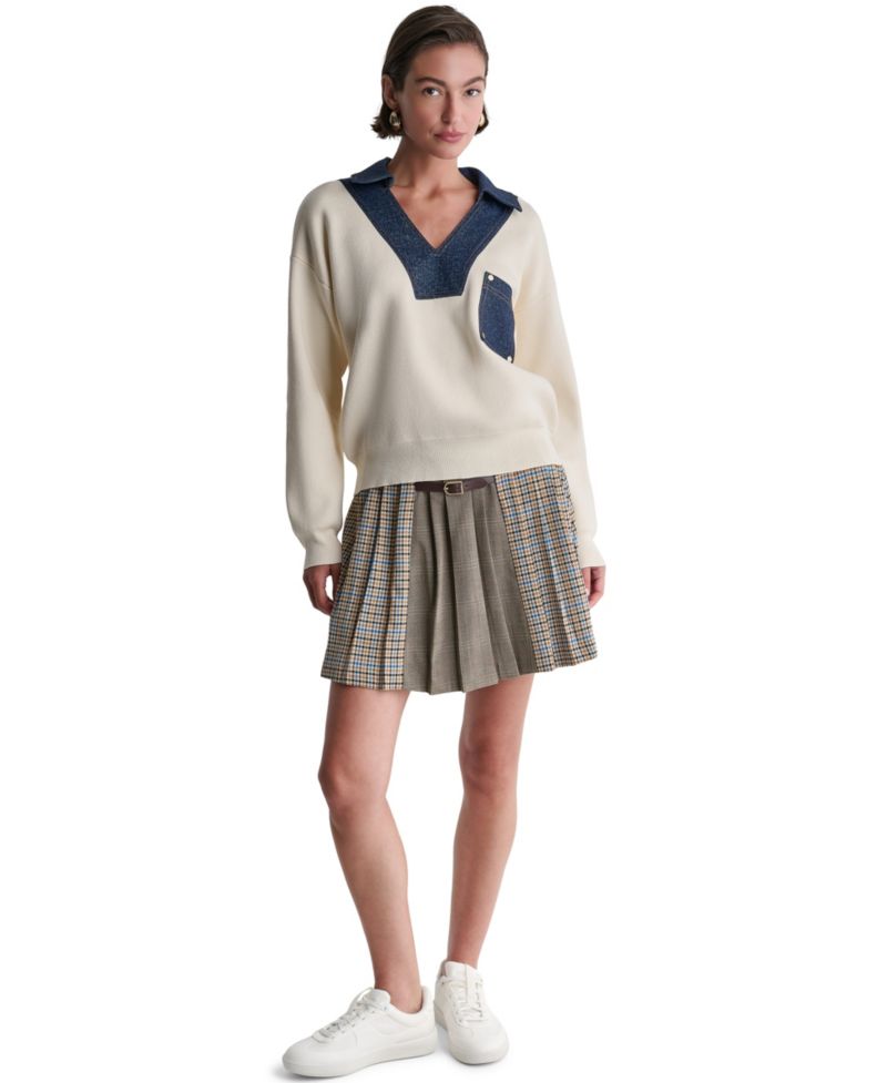 Women's Denim Trim Oversized Collared V-Neck Sweater