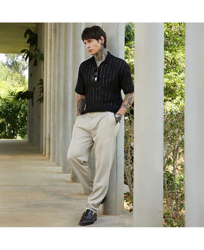 Men's Onyx Black Duo-Striped Relaxed Polo T-Shirt