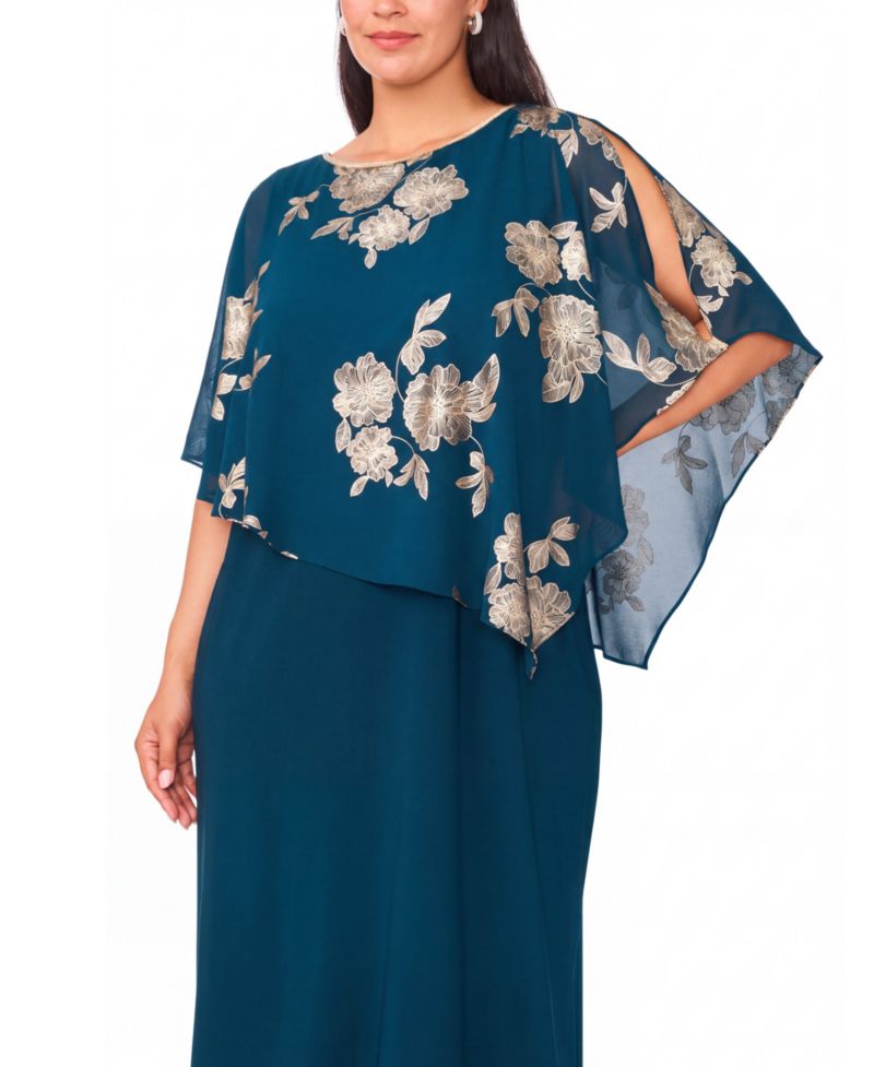 Petite Metallic Floral-Print Crewneck Short-Sleeve Maxi Dress
