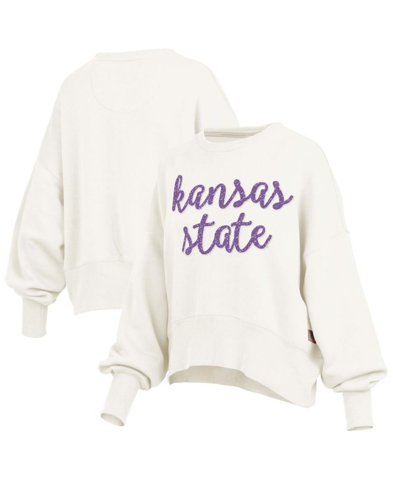 Women's Cream Kansas State Wildcats Oversized Chelsea Waist Length Pullover Sweatshirt