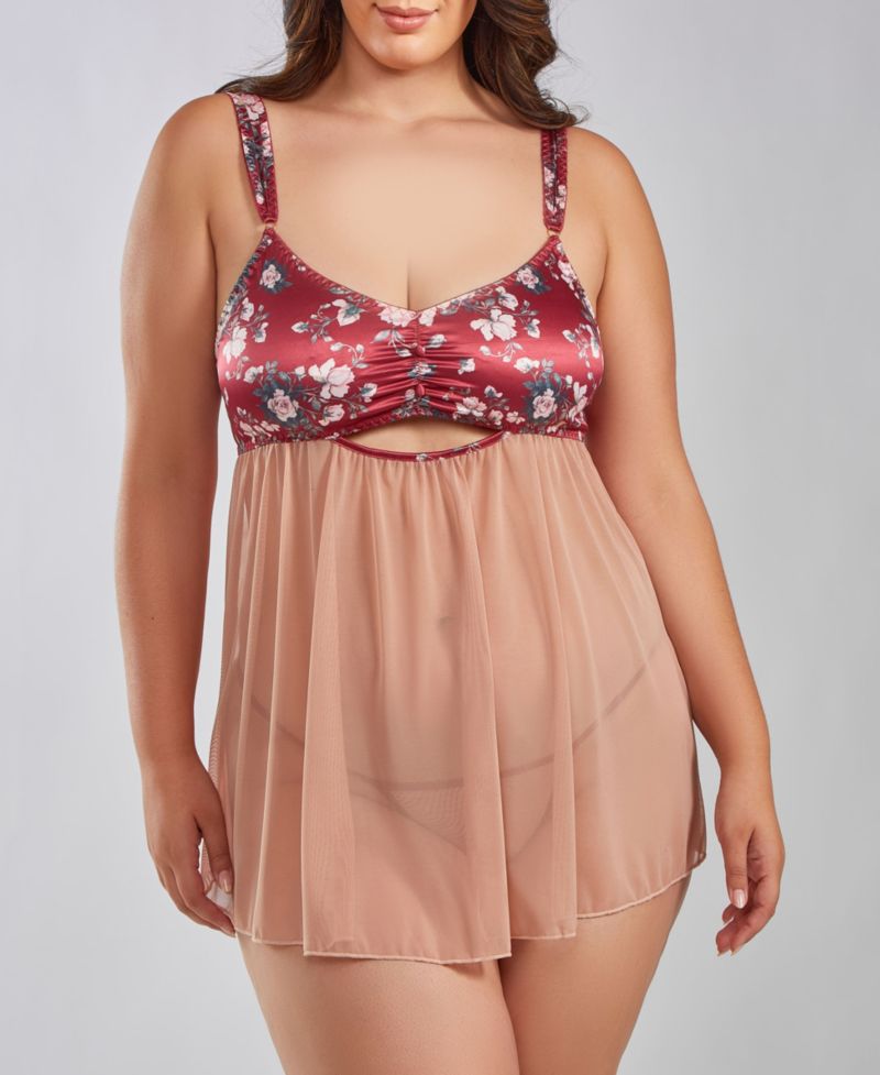 Kia Plus Size Mesh and Smooth Micro Floral Soft Bra Babydoll with Matching Panty, 2 Piece