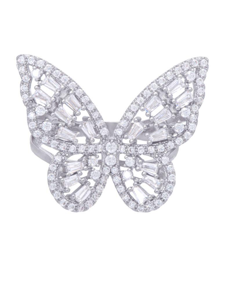 Cubic Zirconia Baguette and Round Stone Butterfly Ring in Silver Plate