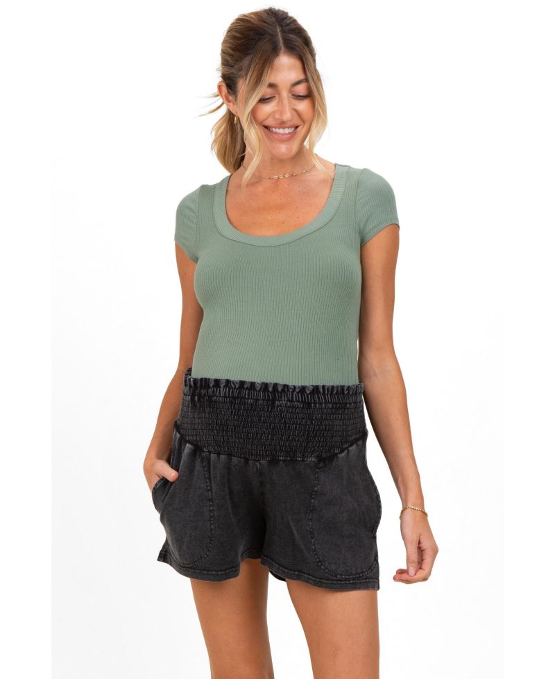 Women's Black Smocked Waist Mineral Wash Shorts