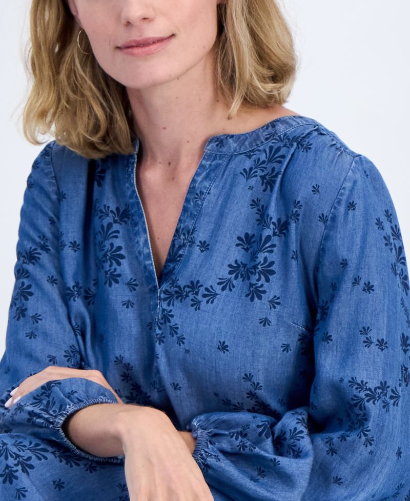 Petite Printed Chambray V-Neck Popover Dress