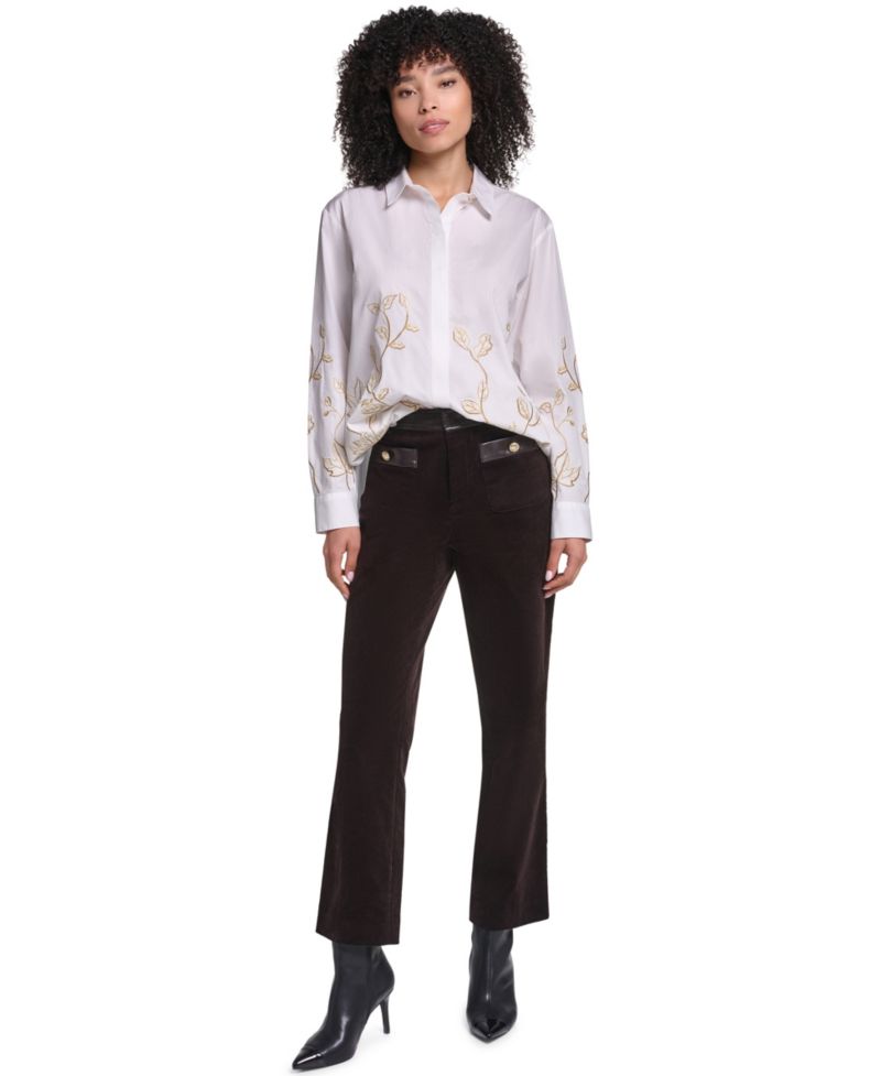 Petite Floral Embroidered Long-Sleeve Blouse