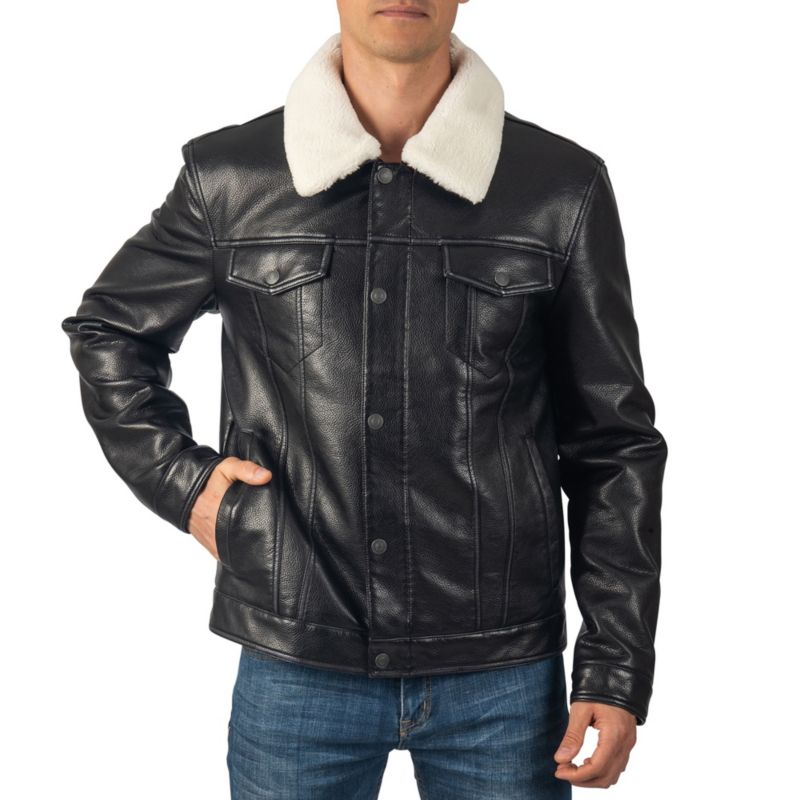 Men's Aaron Fitted Trucker Jacket Sherpa Collar Faux Leather Casual Coat