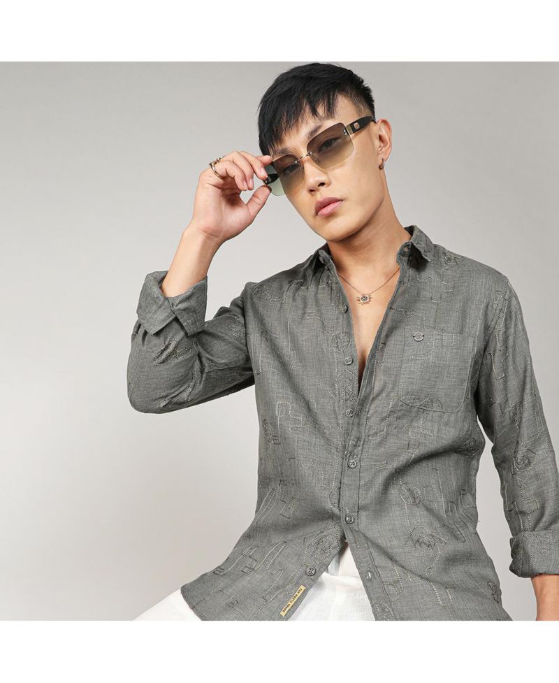 Men's Olive Green Embroidered One-Lined Shirt