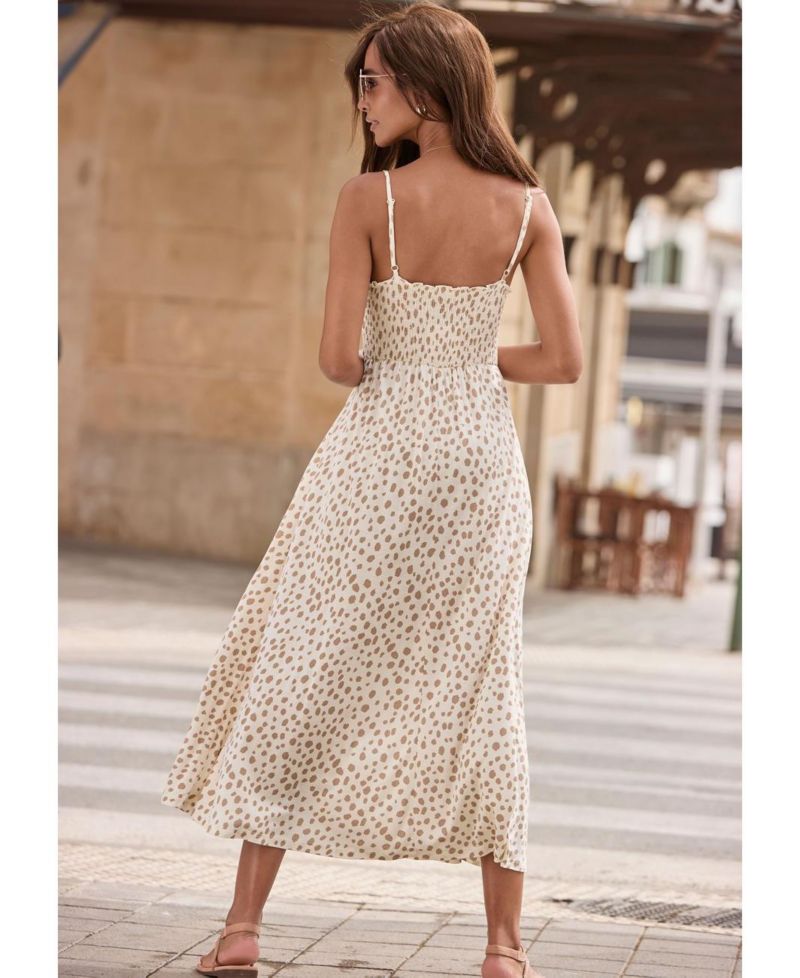 Women's Viscose Printed Smocked Dot A-Line Square-Neck Midi Dress