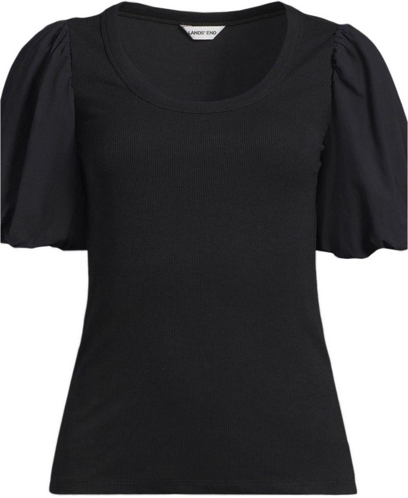 Women's Petite Drapey Rib Puff Sleeve Scoop Neck Top