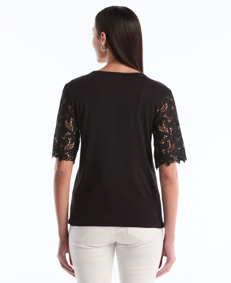 Petite Draped Lace Crew Neck Top