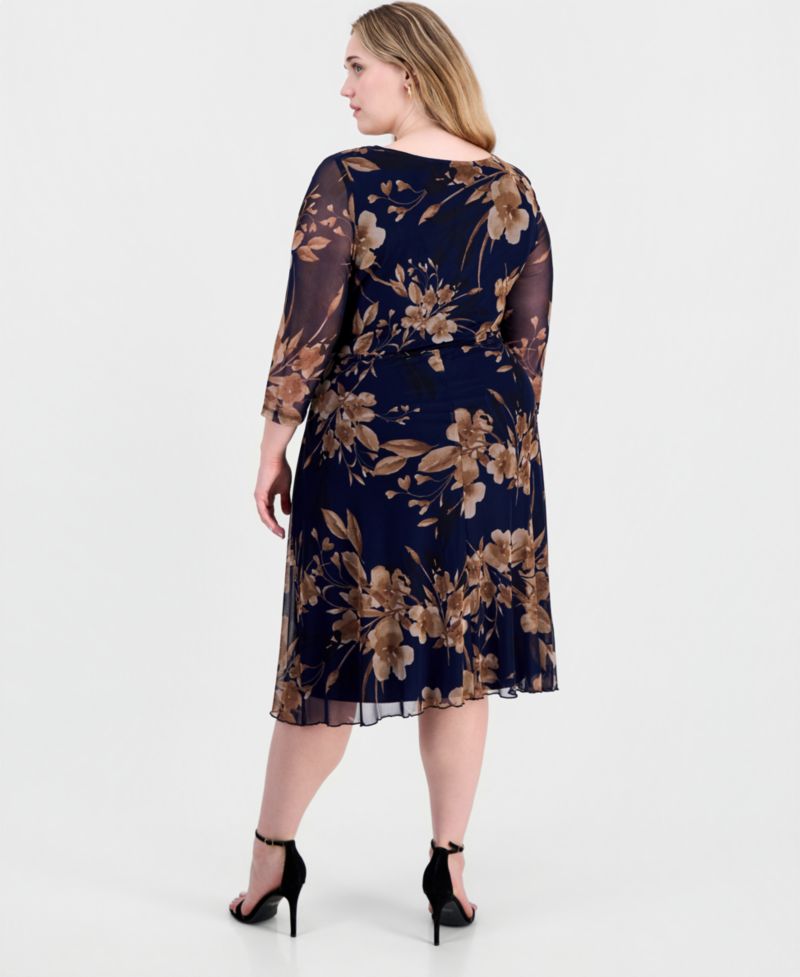 Plus Size Printed 3/4-Sleeve Fit & Flare Dress