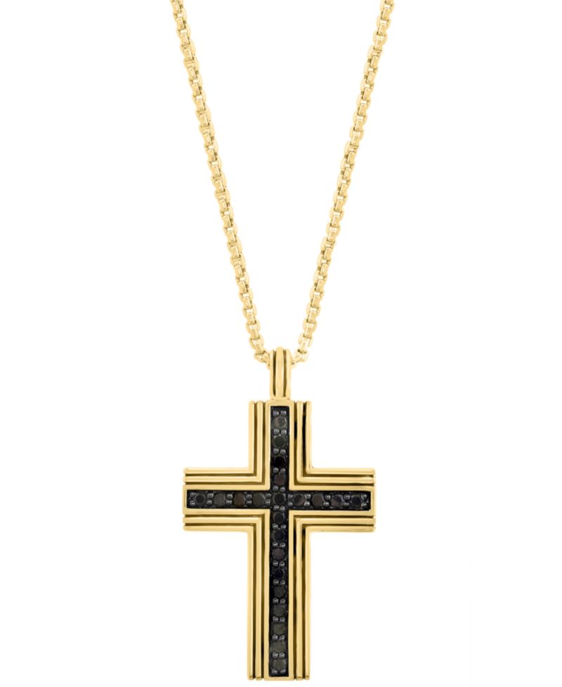 EFFY® Men's Black Spinel Square Cross 22" Pendant Necklace (3/4 ct. t.w.) in Gold-Plated Sterling Silver