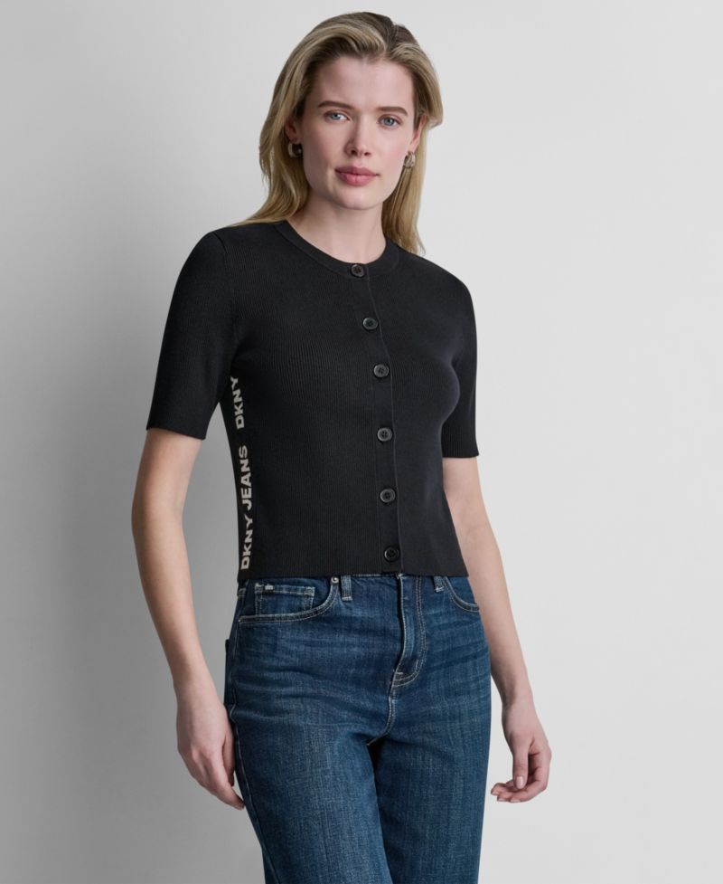 Women's Side Logo Button-Front Elbow-Sleeve Crewneck Sweater