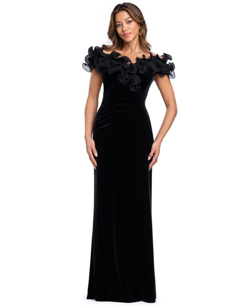 Women's Velvet Off-the-Shoulder Ruffled Long Gown