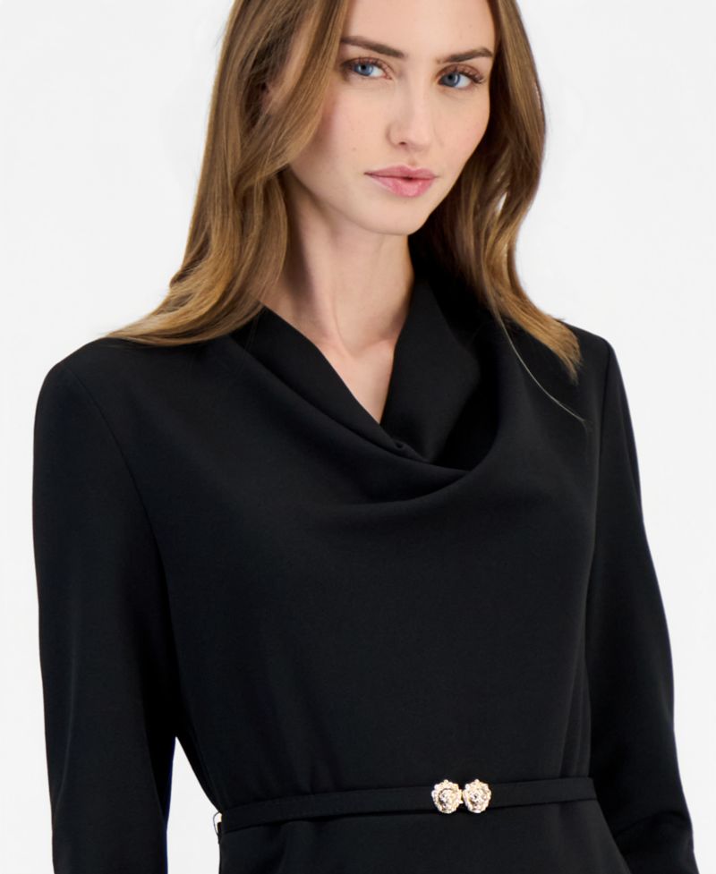 Women's Cowl-Neck Belted Long-Sleeve Dress