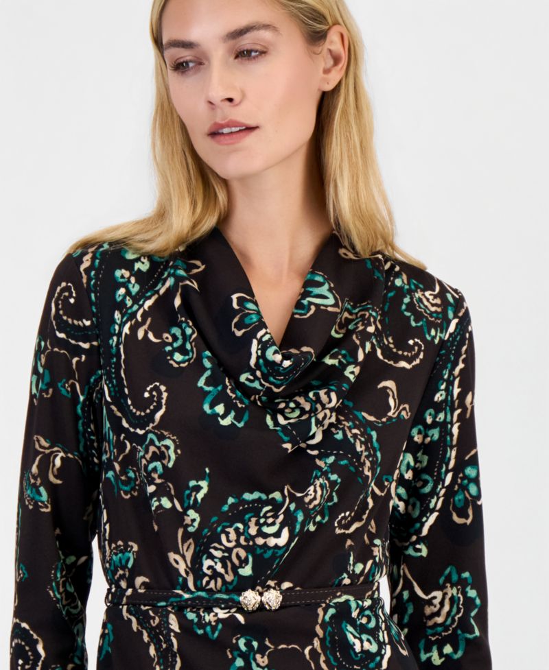 Women's Cowl Neck Sheath Long-Sleeve Paisley-Print Dress