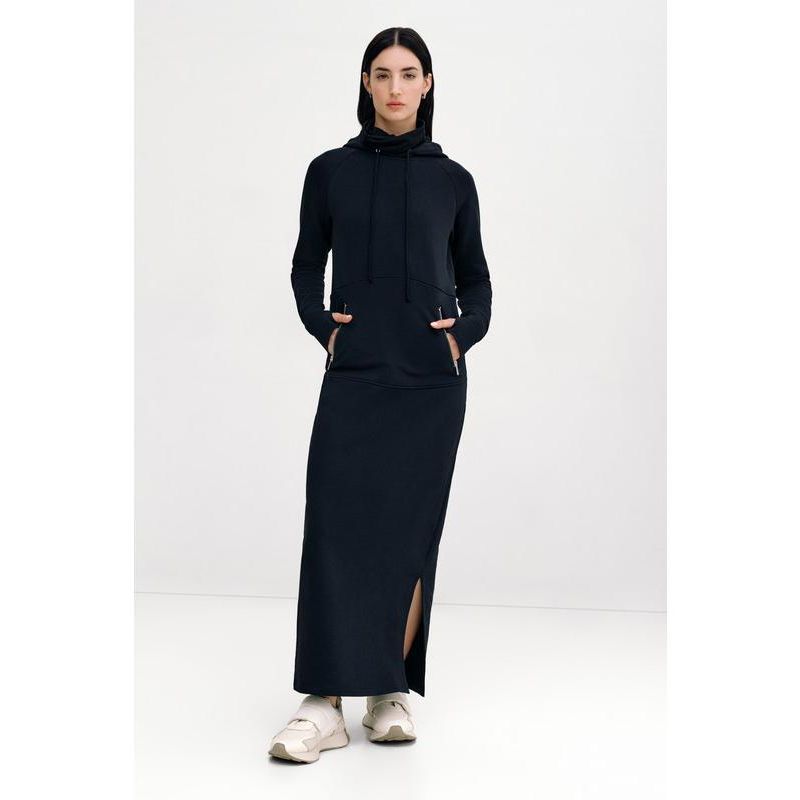 Women's Elba Hooded Side-Slit Ankle-Length Sweatshirt Dress with Pockets