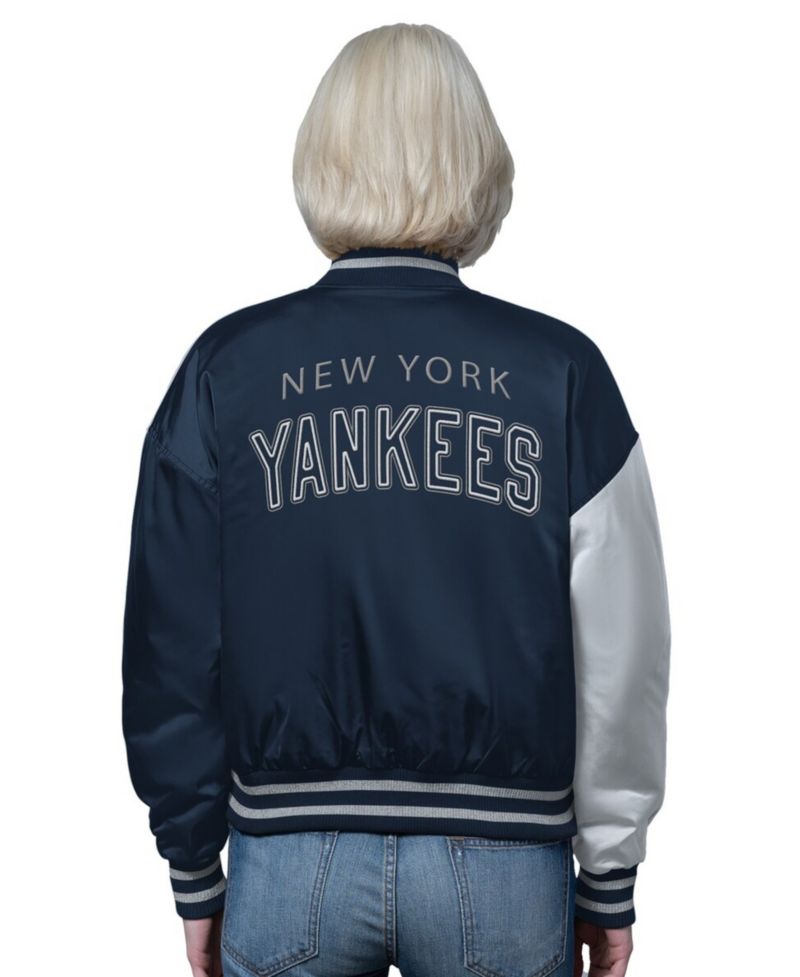 Women's Navy/Gray New York Yankees Offside Cropped Full-Snap Varsity Jacket