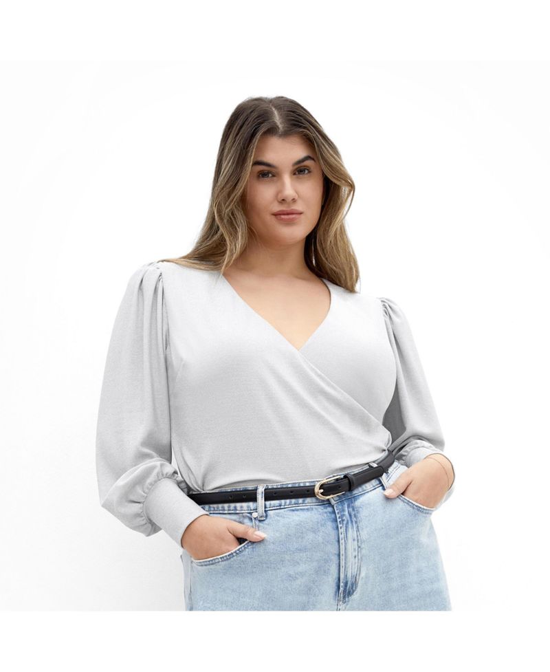 Plus Size Glowing Lurex Long-Sleeve V-Neck Faux-Wrap Blouse