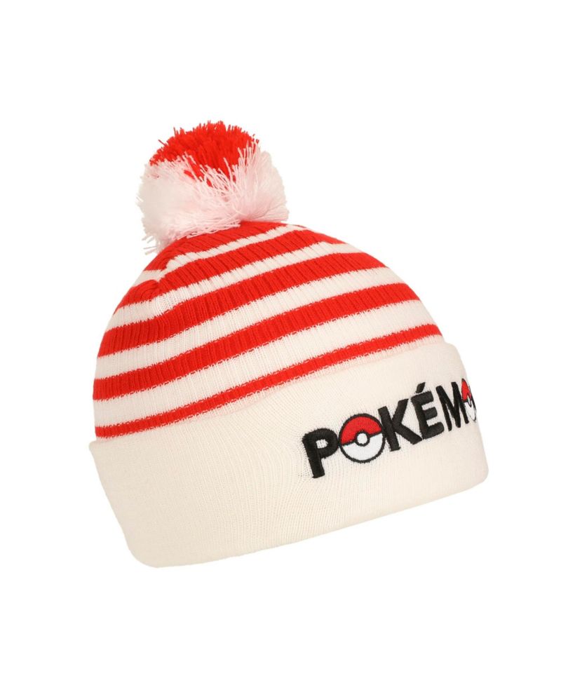 Men's Pokeball Plush Pom, Red And White Stripes Cuff Beanie