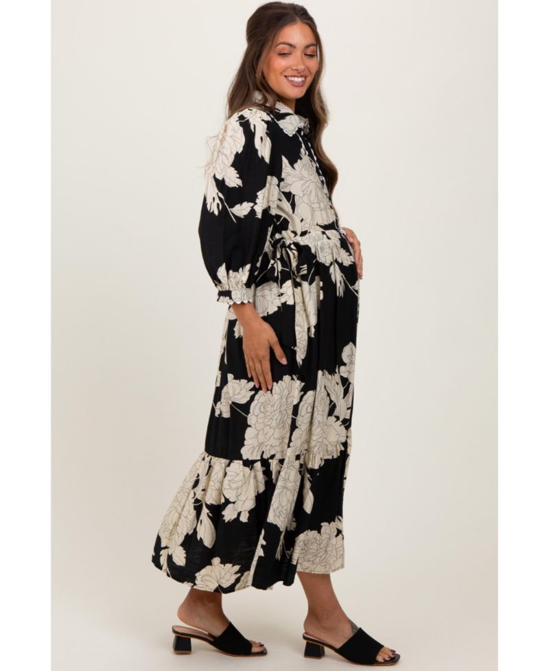 Women's Black Floral Print Cinched Tie Waist Shirt Dress
