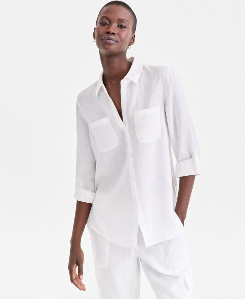 Petite 100% Linen Button-Front Shirt