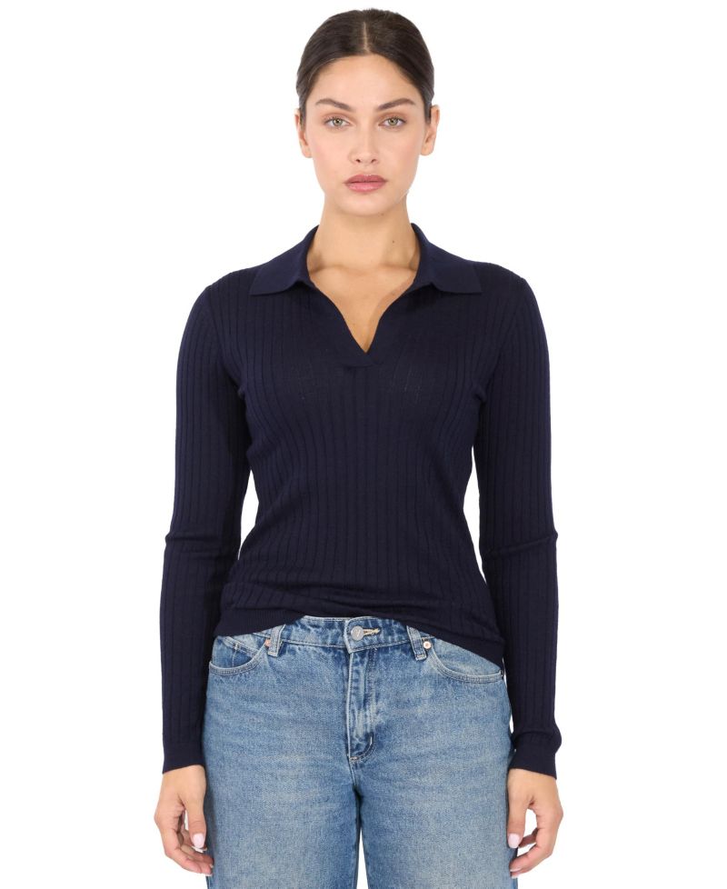 Women's Tissue Weight Cashmere Silk Rib-knit Johnny Collar Polo Sweater