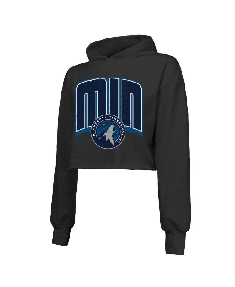 Women's Black Minnesota Timberwolves Tri-Blend Cropped Pullover Hoodie