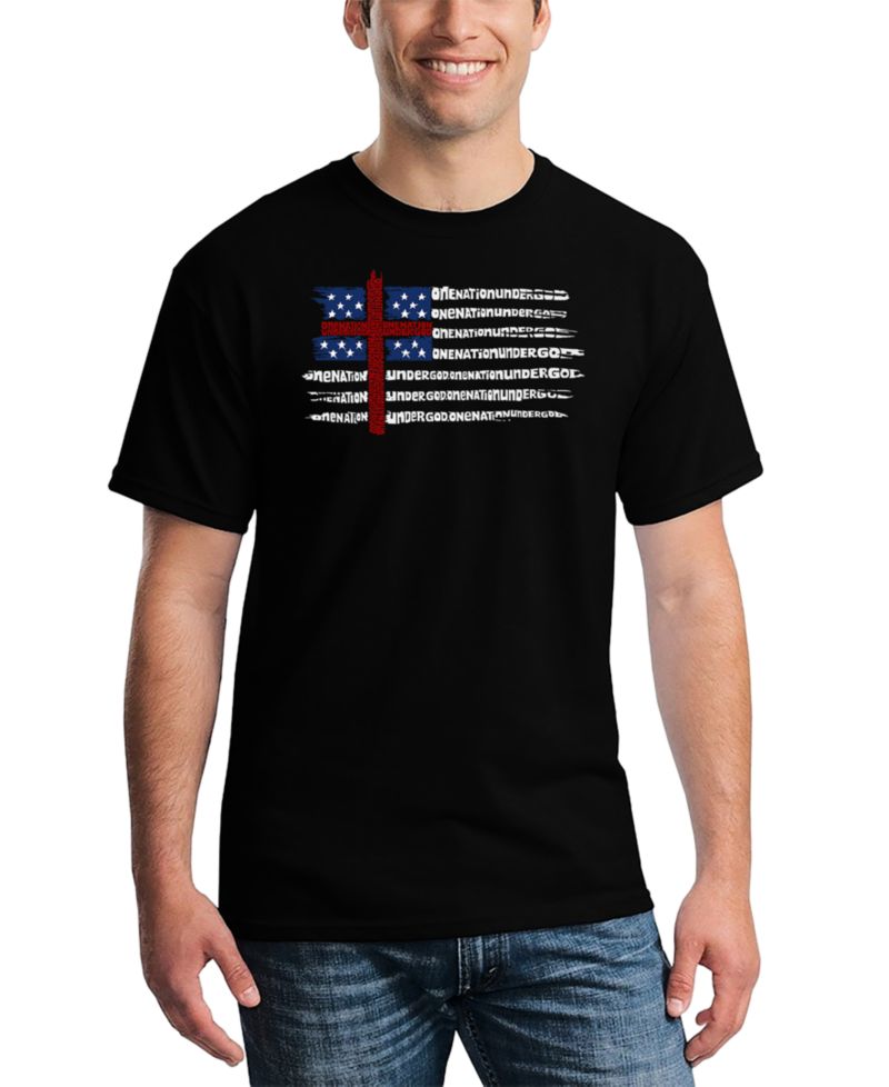 Men's One Nation Under God American Flag Cross Word Art T-Shirt