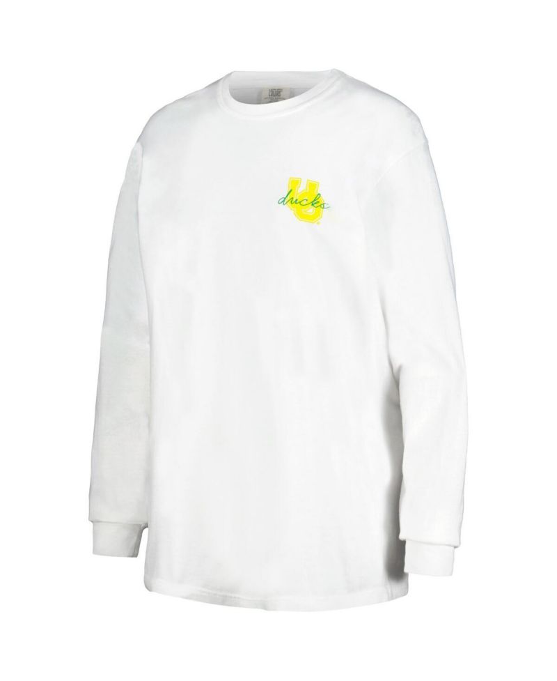Women's White Distressed Oregon Ducks Hand-Drawn Stadium Oversized Long Sleeve T-shirt