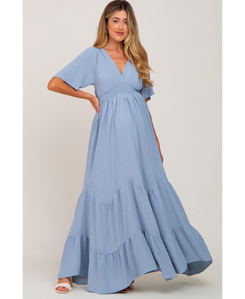 Women's Light Blue Deep V-Neck Maxi Dress