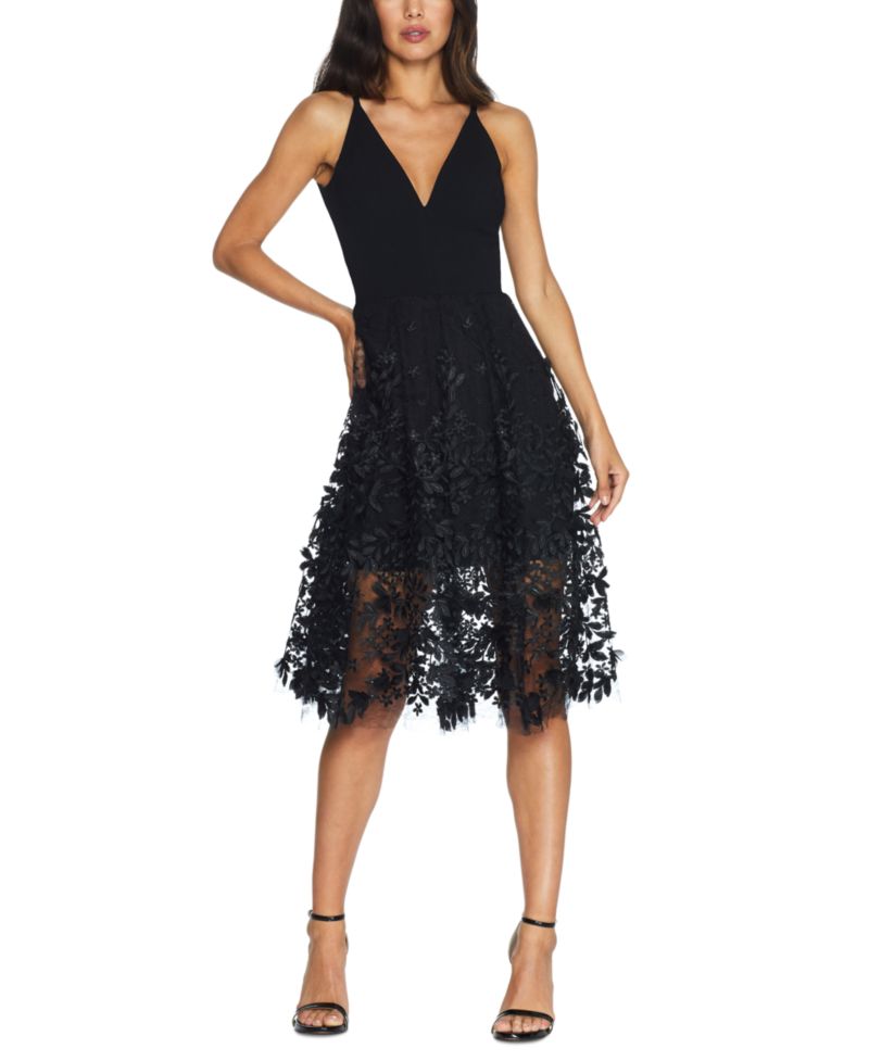 Darleen Deep-V Floral-Appliqu&eacute; Dress