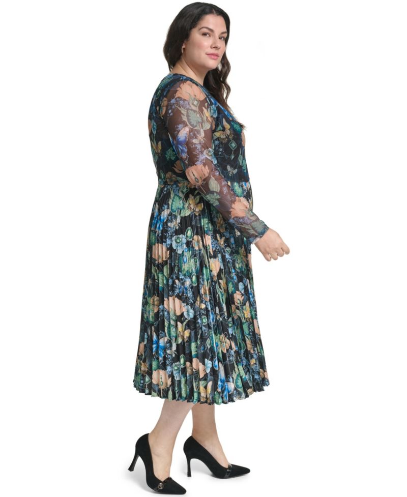 Plus Size Mixed Media Mesh Long-Sleeve Dress