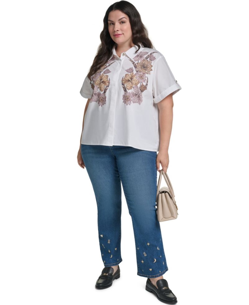 Plus Size Floral Short-Sleeve Collared Blouse