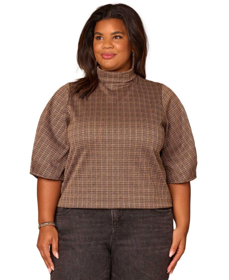 Plus Size Pleated Elbow Sleeve Mock Neck Crop Top