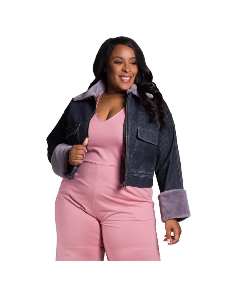 Women's Plus Size Curvy Fit Zip Up Faux Fur Trim Trucker Jacket